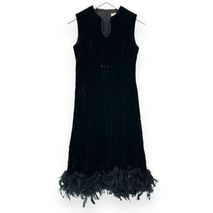 Vintage Black Velvet Velour Feather Trimmed Sleeveless Midi Dress